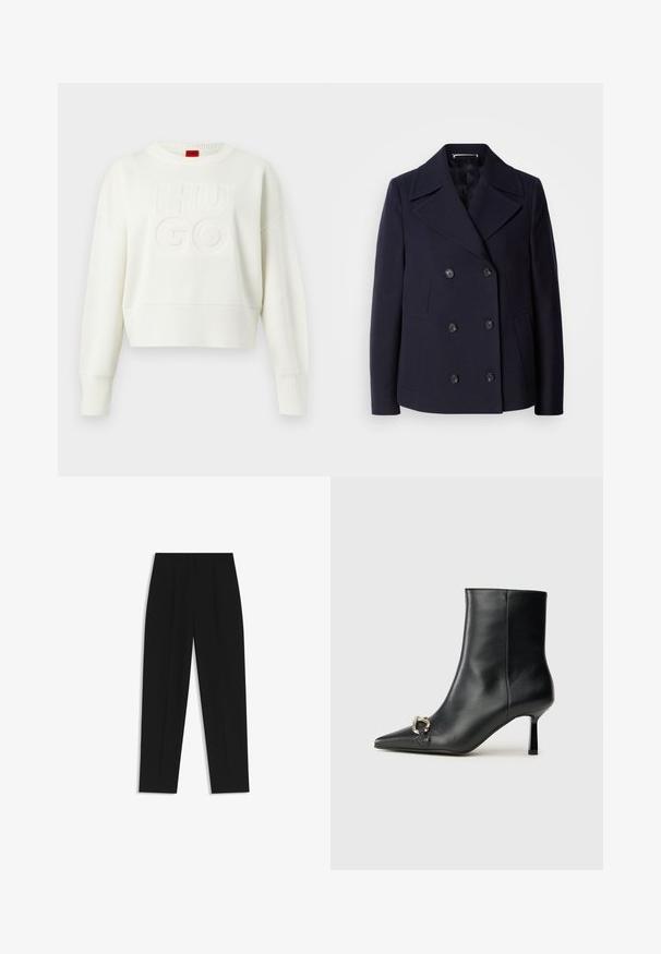 Navy wool pea coat with a double-breasted design, large notched lapels, black buttons, and side pockets. Smooth texture and tailored fit.; White knitted long-sleeve sweater with ribbed cuffs and hem, featuring raised "HUGO" text on the front and a red label at the neckline.; Black trousers with a straight fit, featuring double pleats, a smooth texture, and a classic waistband design. No visible hardware or accents.; Black leather ankle boot with pointed toe, slim mid-height heel, and silver buckle detail on side against plain background.