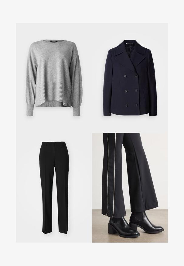 Marineblauer Woll-Peacoat mit einem doppelt geknöpften Design, großen Reverskragen, schwarzen Knöpfen und seitlichen Taschen. GlatteTextur und taillierte Passform.; Grauer Pullover mit geripptem Saum und Ärmeln, entspannter Passform und lockerer Gestaltung, mit Knopfdetails an den Seiten.; Schwarze, taillierte Hose mit geradem Bein, aus einem glatten Stoff und mit klaren Falten an der Vorderseite. Keine sichtbare Hardware.; Schwarze Lederstiefeletten mit einem Blockabsatz, ausgestattet mit elastischen seitlichen Einsätzen. Kombiniert mit schwarzen Hosen, die einen weißen Seitenstreifen haben.