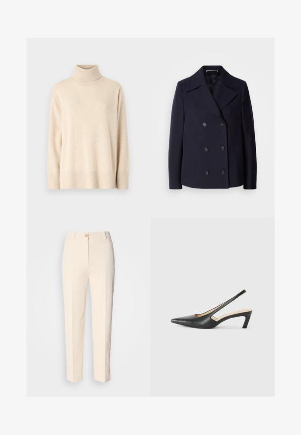 Mornarska vuna kaput s dvostrukim kopčanjem, velikim izrezanim reverima, crnim gumbima i bočnim džepovima. Glatka tekstura i kroj prilagođen tijelu.; Bež džemper s turtleneck izradom od mekanog materijala, s rebrastim ovratnikom i manžetama, opuštenog kroja i ravnog donjeg ruba.; Kremaste, hlače visokog struka napravljene od strukturirane tkanine. Imaju prednje kopčanje na dugme i sužene nogavice.; Crne cipele s izduženim vrhom i remenom oko pete, s niskom petom, izrađene od glatke kože i s izrezbarenom stranom radi prozračnosti.