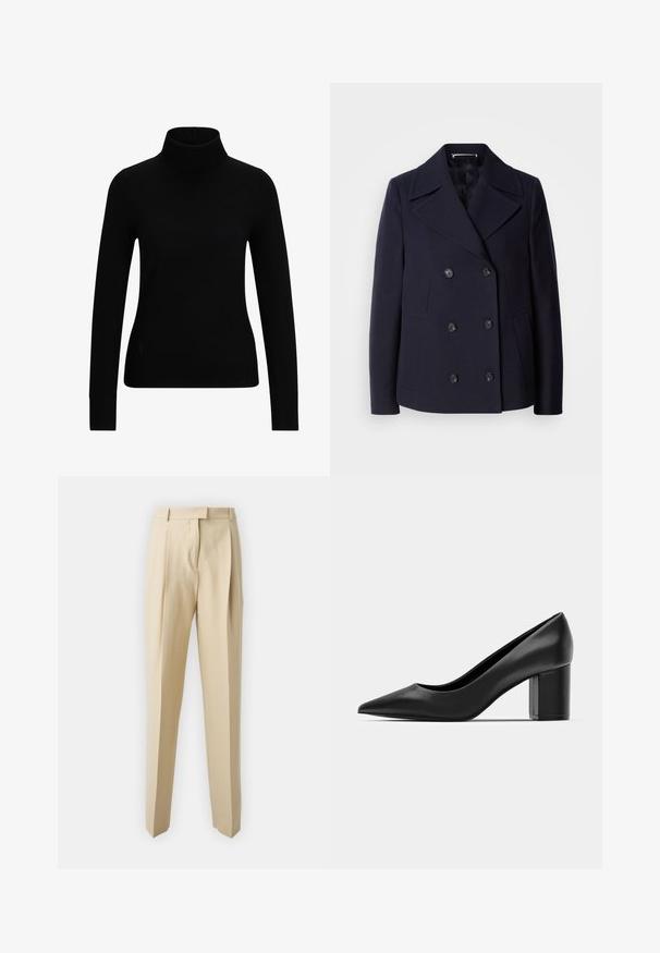 Palton din lână bleumarin, cu design cu două rânduri de nasturi, clape mari la guler, nasturi negri și buzunare laterale. Textură netedă și croială ajustată.; Pulover negru cu guler înalt, realizat dintr-un material neted și elastic; silueta ajustată, mâneci lungi, manșete cu nervuri.; Pantaloni bej, croiți pe corp, cu tăietură dreaptă, având pliuri, un brâu și o textură netedă. Fără buzunare vizibile sau embellishments.; Cizmă din piele neagră, cu vârf ascuțit și toc pătrat masiv. Textură netedă, design simplu, potrivit pentru setări formale.
