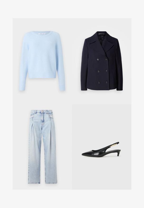 Marineblauer Woll-Peacoat mit einem doppelt geknöpften Design, großen Reverskragen, schwarzen Knöpfen und seitlichen Taschen. GlatteTextur und taillierte Passform.; Helles, blaues Sweatshirt aus weichem Material, mit Rundhalsausschnitt, langen Ärmeln sowie gerippten Bündchen und Saum. Klassisches, kurzes Design.; Helle blaue Denim-Jeans mit hoher Taille, weitem Beinschnitt, zwei seitlichen Taschen und gefaltetem Design. Weiche Textur mit einem ausgebleichten Finish.; Schwarze Leder-Slingback-Pumps mit spitzem Schuhblatt, ausgestattet mit einem schlanken Absatz und einem goldfarbigen Akzent am verstellbaren Riemen. Glatte Textur.