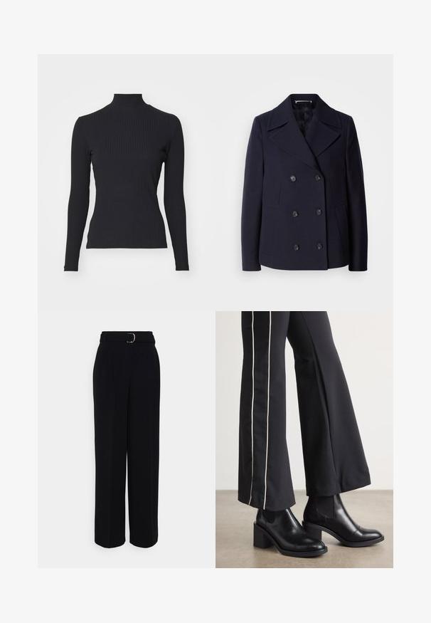 Navy wool pea coat with a double-breasted design, large notched lapels, black buttons, and side pockets. Smooth texture and tailored fit.; Black ribbed turtleneck top with long sleeves. Made of stretchy fabric with a fitted shape and high collar. Simple design with no embellishments.; Black tailored pants with a wide-leg silhouette, featuring a belt with a silver buckle, pleats, and a smooth fabric texture.; Black leather ankle boots with a block heel, featuring elastic side panels. Paired with black pants that have a white side stripe.