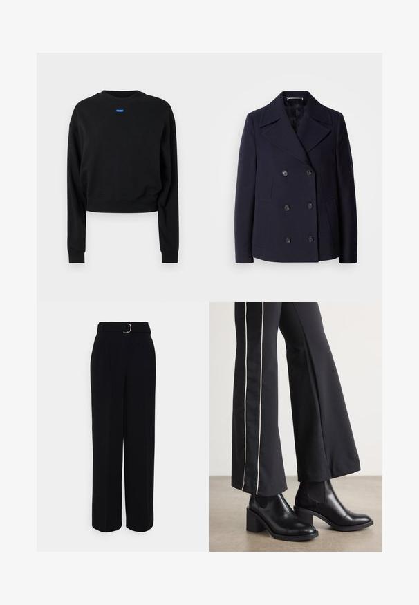 Jūrų laivyno vilnonis peacoat'as su dvigubos krūtinės dizainu, dideliais įpjovimais, juodomis sagomis ir šoninėmis kišenėmis. Lygus audinys ir pritaikytas siluetas.; Juodas trumpas megztinis su ilgomis rankovėmis ir trikotažo elastiniais mansetiniais; priekyje, šalia kaklo, yra mėlynas stačiakampis logotipo etiketė.; Juodos pritaikytos kelnės plačia kojų siluetu, su diržu su sidabriniu sagtimi, klostėmis ir lygiu audinio paviršiumi.; Juodi odiniai auliniai batai su plataus bloko kulnu, turintys elastines šonines dalis. Sukomplektuoti su juodomis kelnėmis, turinčiomis baltą šoninės juostą.