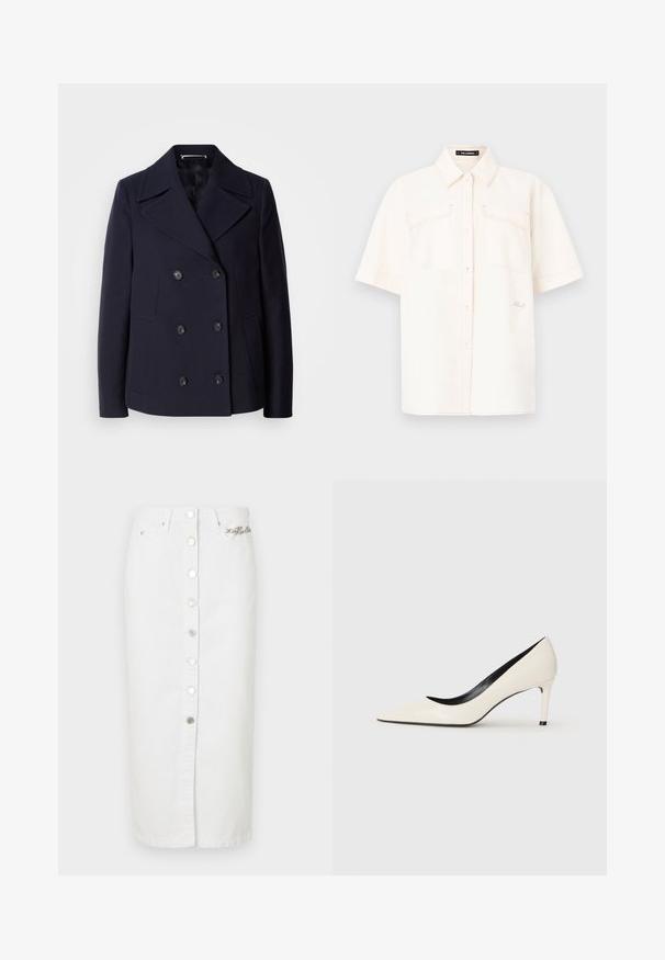 Navy wool pea coat with a double-breasted design, large notched lapels, black buttons, and side pockets. Smooth texture and tailored fit.; Short-sleeve, cream-colored shirt made of lightweight fabric, featuring two front pockets, a button-up design, and contrasting stitching.; White denim skirt with front button closure, side pockets, and logo detail. Long length with a straight cut and smooth texture.; White patent leather high-heeled pump with a pointed toe, slim heel, and black interior detailing. Smooth texture and sleek design.