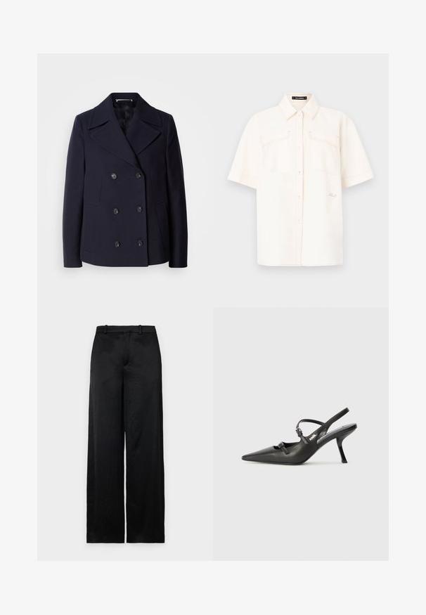 Námořnický vlněný kabát s dvojitým zapínáním, velkými klopami, černými knoflíky a bočními kapsami. Hladká textura a přiléhavý střih.; Krátký rukáv, krémové barvy, košile vyrobená z lehkého materiálu, se dvěma předními kapsami, zapínáním na knoflíky a kontrastním šitím.; Černé kalhoty s širokými nohavicemi vyrobené z lehkého, texturovaného materiálu. Mají hladký pás se smyčkami na opasek a rovný, splývavý střih.; Černé kožené lodičky na boku s špičatou špičkou, štíhlým podpatkem a dekorativní přezkou na nártu. Hladká textura a elegantní design.