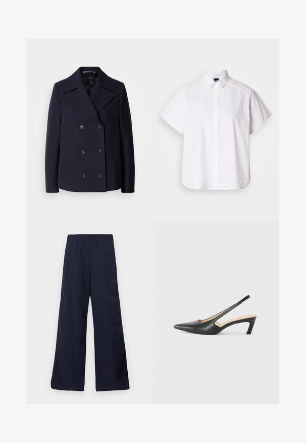 Tumevillane põhjakoot, millel on topeltkinnitatud disain, suured lõikega kraed, mustad nööbid ja küljetaskud. Sile tekstuur ja kohandatud sobivus.; Valge lühikeste varrukatega nööpidega särk, millel on terav krae ja kõver hems. Valmistatud puuvillast, millel on sile tekstuur ja nähtamatud mustrid.; Tumed sinepüksid, valmistatud kergetest materjalidest, sujuva tekstuuriga ja mugava elastse vöökohtaga.; Must mustaga, terav varvas, madala kontsaga sildiga king, mis on valmistatud siledast nahast ja mille küljel on lõike disain hingavuse tagamiseks.