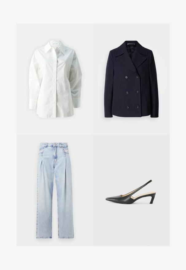 Námořnický vlněný kabát s dvojitým zapínáním, velkými klopami, černými knoflíky a bočními kapsami. Hladká textura a přiléhavý střih.; Bílá dlouhá košile s dlouhým rukávem vyrobená z bavlny, má špičatý límec, zapínání na knoflíky a volný střih se strukturovanými rameny.; Světlé modré džíny z denimu s vysokým pasem, širokým střihem, dvěma bočními kapsami a nařaseným designem. Měkká textura s vybledlým povrchem.; Černý špičatý slingback s nízkým podpatkem, vyrobený z hladké kůže, s výřezem na boku pro lepší prodyšnost.