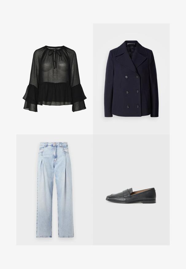 Jūrų laivyno vilnonis peacoat'as su dvigubos krūtinės dizainu, dideliais įpjovimais, juodomis sagomis ir šoninėmis kišenėmis. Lygus audinys ir pritaikytas siluetas.; Juoda skaidri bluzelė su susirinkusia apykakle, raišteliu ir varpo formos rankovėmis. Ypatybės: sluoksniuotas volanas apačioje ir tekstūruota medžiaga.; Šviesiai mėlyni džinsai su aukštu liemeniu, plačiomis kojomis, dviem šoninėmis kišenėmis ir raukinių dizainu. Minkšta tekstūra su nudilusia apdaila.; Juodi odiniai loaferiai su lygia tekstūra, lengvu blizgesiu, apvaliu nosiu ir nedideliu dekoratyviniu siūlu priekyje.
