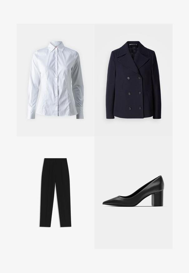Cappotto da marinaio in lana blu navy con design doppiopetto, ampie rever, bottoni neri e tasche laterali. Tessuto liscio e vestibilità sartoriale.; Camicia bianca con maniche lunghe, colletto a punta, design aderente, tessuto di cotone liscio e chiusura frontale con bottoni.; Pantaloni neri a taglio dritto, con doppie pieghe, una texture liscia e un design classico in vita. Nessun hardware o dettaglio visibile.; Decolleté in pelle nera con punteggiatura e tacco quadrato spesso. Texture liscia, design semplice, adatto per ambienti formali.