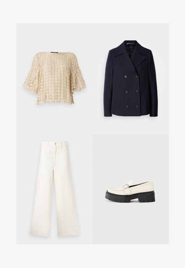 Marinblå yllepeacoat med dubbelknäppt design, stora angloska slag, svarta knappar och sidofickor. Slät textur och skräddarsydd passform.; Beige blus med ett mönster av texturerade blommor, med vida ärmar och rundad halslinning. Tillverkad av lätt, broderad tyg.; Videbeniga byxor i ljusbeige bomull. Funktioner inkluderar hög midja, framfickor och rak skärning. Rena avslutningar utan mönster.; Vit läder loafför med en kraftig svart platåsoffa, som har ett rektangulärt silverspänne och synlig sömdekoration på ovansidan.