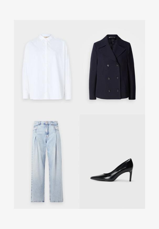Marineblauer Woll-Peacoat mit einem doppelt geknöpften Design, großen Reverskragen, schwarzen Knöpfen und seitlichen Taschen. GlatteTextur und taillierte Passform.; Weißes Langarmhemd mit Knopfleiste und klassischem Kragen, aus glattem Stoff gefertigt, mit dezenten Seitenschlitzen am Saum.; Helle blaue Denim-Jeans mit hoher Taille, weitem Beinschnitt, zwei seitlichen Taschen und gefaltetem Design. Weiche Textur mit einem ausgebleichten Finish.; Schwarzer Lederhochschuh mit spitzem Zehenbereich, glatter Textur und schmalem Absatz. Minimalistisches Design, keine zusätzlichen Verzierungen.