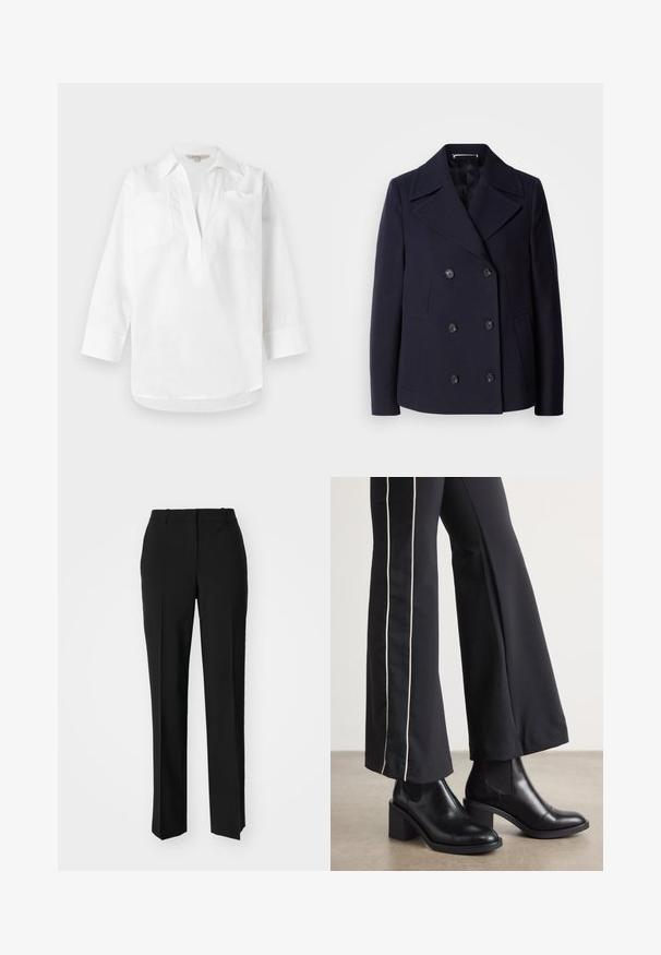 Námořnický vlněný kabát s dvojitým zapínáním, velkými klopami, černými knoflíky a bočními kapsami. Hladká textura a přiléhavý střih.; Bílá lněná košile s límečkem, tříčtvrtečními rukávy a dvěma kapsami na hrudi. Hladká textura a uvolněný střih s rozparkem na dolním okraji.; Černé kalhoty na míru se střihem do rovna, které mají hladkou texturu a ostré sklady na přední straně. Bez viditelného kování.; Černé kožené kotníkové boty na blokovém podpatku, s elastickými bočními panely. V kombinaci s černými kalhotami, které mají bílý boční pruh.