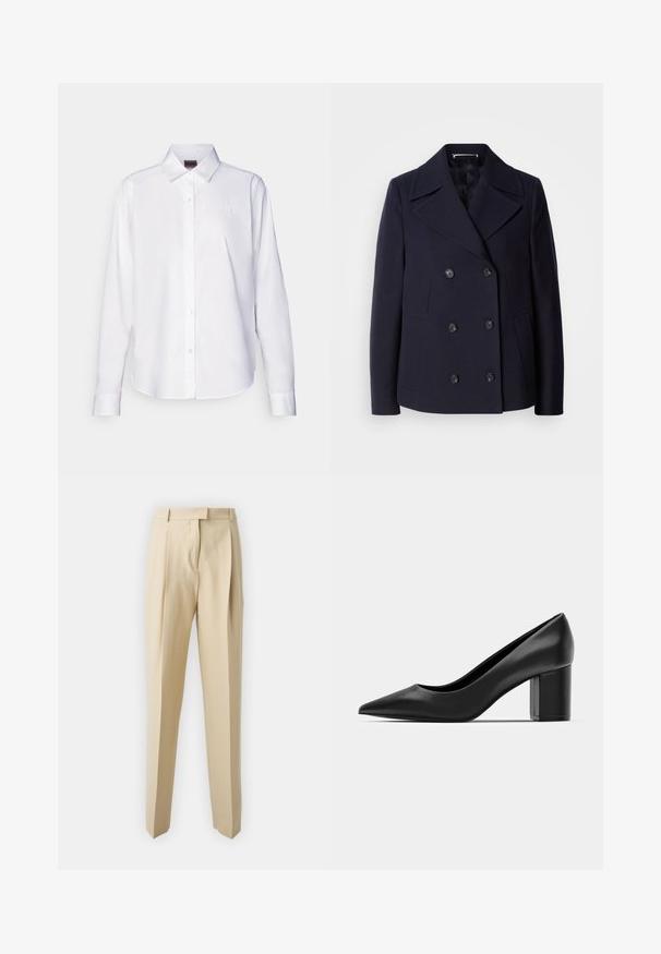 Mornarska volnena jakna z dvojnim zapenjanjem, velikimi izrezanimi reverji, črnimi gumbi in stranskimi žepi. Gladka tekstura in prilegajoč kroj.; Bela srajca z dolgimi rokavi z gumbi, izdelana iz bombaža. Ima klasičen ovratnik in subtilno izvezeno blagovno znamko na prsih. Gladka tekstura.; Bež hlače s krojem ravne nogavice, ki imajo zadrgo, pas ter gladko teksturo. Brez vidnih žepov ali okrasnih elementov.; Črne usnjene pete z ostrim nosom in masivnim kvadrataškim peto. Gladka textura, preprost dizajn, primeren za formalne priložnosti.