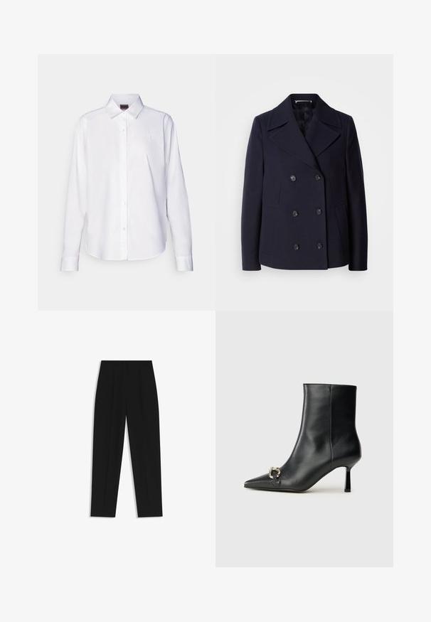 Mørkeblå uld pea coat med dobbeltbrystet design, store slagkraver, sorte knapper og sidelommer. Glat tekstur og skræddersyet pasform.; Hvid langærmet skjorte med knapper lavet af bomuld. Har en klassisk krave og diskret mærke-broderi på brystet. Glat tekstur.; Sorte bukser med lige pasform, der har dobbelte folder, en glat tekstur og et klassisk taljedesign. Ingen synlige hardware eller accenter.; Sort læder ankelstøvle med spidse tæer, slank hæl i mellemhøjde og sølvspænde detaljer på siden mod en ensfarvet baggrund.