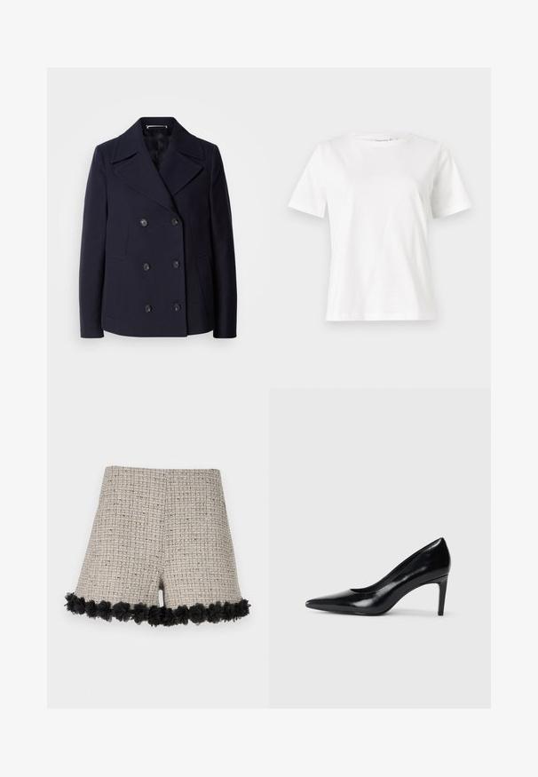 Abrigo de lana marino tipo pea coat con diseño de doble botonadura, grandes solapas muescas, botones negros y bolsillos laterales. Textura suave y corte ajustado.; Camiseta de algodón blanca de manga corta, con cuello redondo y un corte relajado. Textura suave, sin patrones ni acentos, diseño minimalista.; Pantalones cortos de tweed en beige con un patrón texturizado, que presentan un ribete floral negro en el dobladillo. El diseño incluye una forma general ajustada.; Zapato de tacón alto de cuero negro con punta afilada, textura suave y tacón en forma de cono. Diseño minimalista, sin adornos adicionales.
