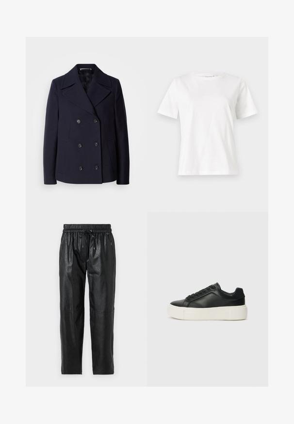 Mørkeblå uld pea coat med dobbeltbrystet design, store slagkraver, sorte knapper og sidelommer. Glat tekstur og skræddersyet pasform.; Hvid bomulds t-shirt med korte ærmer, rund halsudskæring og en afslappet pasform. Glat tekstur, ingen mønstre eller accenter, minimalistisk design.; Sorte læderbukser med elastisk talje, snorelukning og en glat tekstur. Har en afslappet pasform og tapered ben-design.; Sort lædersneaker med rund tå, hvid platformssål og sorte snørebånd. Har et diskret logo på hælen og en glat overflade.
