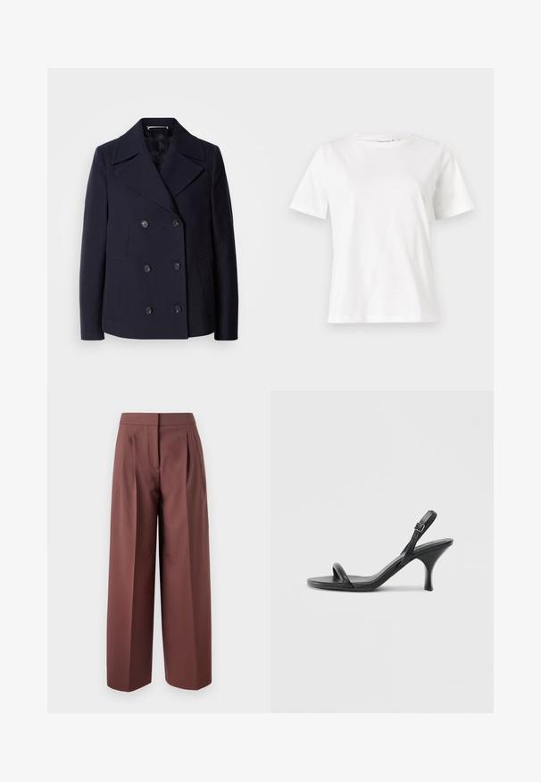Navy wool pea coat with a double-breasted design, large notched lapels, black buttons, and side pockets. Smooth texture and tailored fit.; White cotton t-shirt with short sleeves, round neckline, and a relaxed fit. Smooth texture, no patterns or accents, minimalistic design.; Brown wide-leg trousers with a high waist, featuring pleats at the front, tailored design, and smooth fabric texture.; Black leather high-heeled sandals with a slim, curved heel and a crossed strap design. Adjustable ankle strap. Smooth texture.