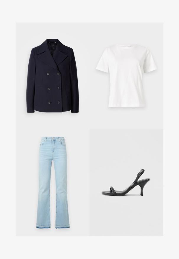 Tumevillane põhjakoot, millel on topeltkinnitatud disain, suured lõikega kraed, mustad nööbid ja küljetaskud. Sile tekstuur ja kohandatud sobivus.; Valge puuvillane T-särk lühikeste varrukatega, ümmarguse kaelusega ja vabalt istuv. Sile tekstuur, ilma mustrite ja aktsentideta, minimalistik disain.; Heledad helesinised teksad, mis on valmistatud denimist, kõrge vöökohaga, esikottidega ning toore äärtega sääreosas, et luua lõdvestunud välimus.; Mustad nahast kõrgete kontsadega sandaalid, millel on saledad, kõverad kontsad ja ristatud rihma disain. Reguleeritav pahkluu rihm. Sile tekstuur.