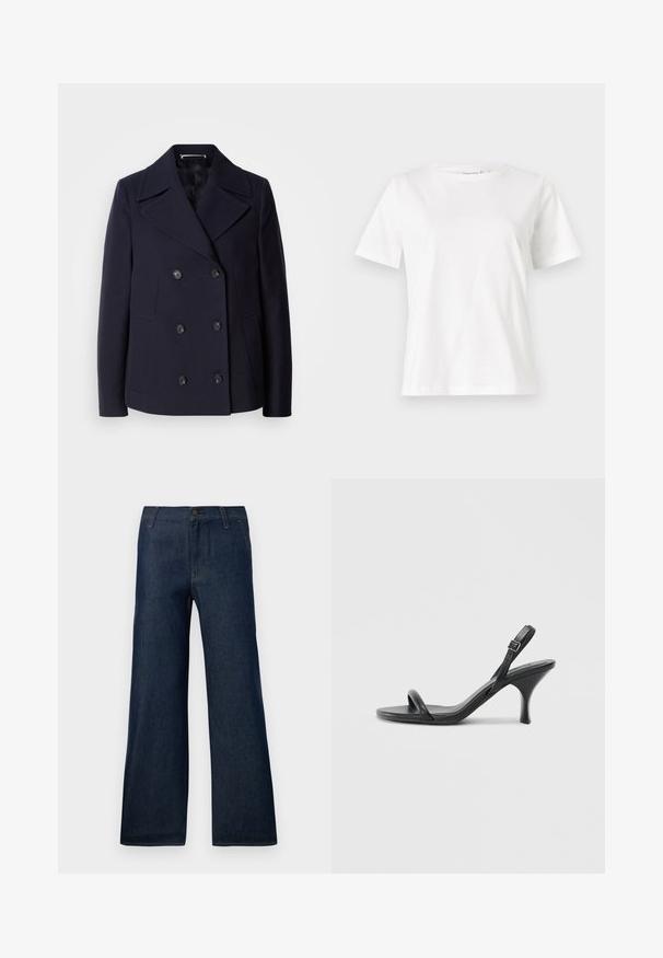 Námornícky vlněný kabát s dvojitým zapínaním, veľkými klopami, čiernymi gombíkmi a bočnými vreckami. Hladká textúra a priliehavý strih.; Biela bavlnená tričko s krátkymi rukávmi, okrúhlym výstrihom a voľným strihom. Hladká textúra, bez vzorov alebo akcentov, minimalistický dizajn.; Tmavomodré široké džínsy vyrobené z denimu, s klasickým päťvreckovým dizajnom, zapínaním na gombík a jemnými švovými detailmi.; Čierne kožené sandále na vysokom podpätku s štíhlym, zakriveným podpätkom a prekríženým pásikovým dizajnom. Nastaviteľný pásik okolo členka. Hladká textúra.