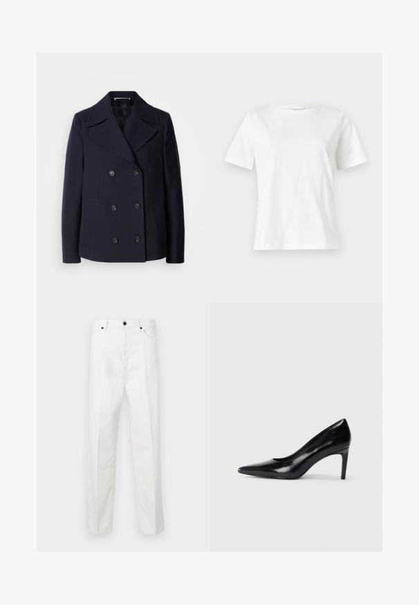 Casaco de lã azul-marinho estilo "pea coat" com design de duplo peito, grandes lapelas recortadas, botões pretos e bolsos laterais. Textura suave e corte ajustado.; T-shirt de algodão branco com mangas curtas, decote redondo e um corte descontraído. Textura suave, sem padrões ou detalhes, design minimalista.; Calças de ganga brancas com corte straight, fecho de botão e dois bolsos frontais. Sem padrões ou adornos visíveis. Textura suave.; Sandalha de salto alto em couro preto com bico apontado, textura lisa e salto afilado. Design minimalista, sem embellishments adicionais.