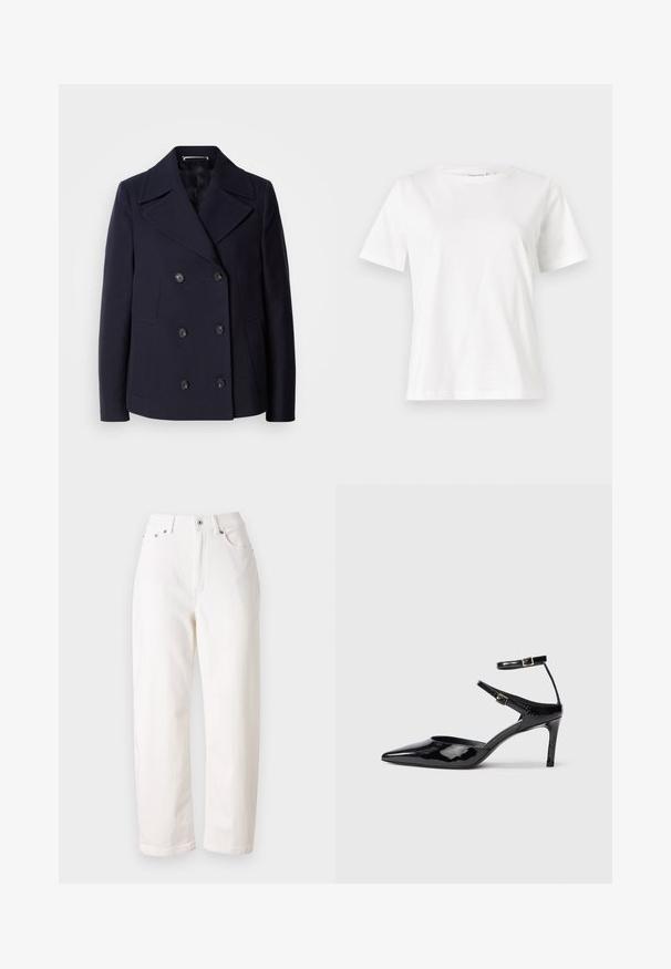 Mornarska volnena jakna z dvojnim zapenjanjem, velikimi izrezanimi reverji, črnimi gumbi in stranskimi žepi. Gladka tekstura in prilegajoč kroj.; Bela bombažna majica s kratkimi rokavi, okroglo izrezana in ohlapnega kroja. Gladka tekstura, brez vzorcev ali dodatkov, minimalističen dizajn.; Beli traper hlače iz bele denima z ravnim krojem, visoko pasom, zadrgo in kovinsko gumbom za zapiranje. Imajo pet žepov in subtilno šivanje.; Črne lakirane čevlje z visoko peto in ožjim prstom, z nastavljivimi gležnjastimi trakovi in tankim peto. Gladka tekstura z sijočim zaključkom.