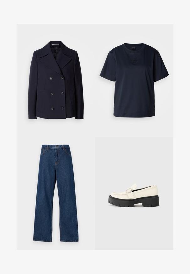 Jūrų laivyno vilnonis peacoat'as su dvigubos krūtinės dizainu, dideliais įpjovimais, juodomis sagomis ir šoninėmis kišenėmis. Lygus audinys ir pritaikytas siluetas.; Tamsiai mėlyna trumpomis rankovėmis marškinėliai, pagaminti iš minkštos medvilnės. Savyje turi apvalų kaklą ir subtilų išsiuvinėtą logotipą ant krūtinės.; Tamsiai mėlynos plačios kojų džinsai, pagaminti iš džinsinio audinio, su klasikinio penkių kišenių dizainu. Yra kontrastingi siūlai ir priekinis mygtukų užsegimas.; Baltas odinis loaferis su storu juodu platforminiu padu, turintis stačiakampį sidabrinį sagtį ir matomu siuvimo ornamentu ant viršaus.