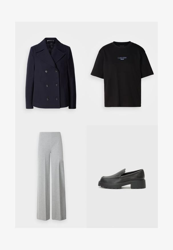 Manteau en laine navy à col en double boutonnage, avec de grands revers, boutons noirs et poches latérales. Texture lisse et coupe ajustée.; T-shirt en coton noir avec un col rond, des manches courtes et un logo brodé bleu "Calvin Klein JEANS" sur le devant.; Pantalons larges gris en tissu doux et extensible. Dotés d'une taille haute et d'un design lisse et minimal sans détails supplémentaires.; Mocassins en cuir noir avec un bout arrondi, une semelle épaisse et texturée, et des détails de couture minimalistes. Design épuré sans lacets ni métal visibles.