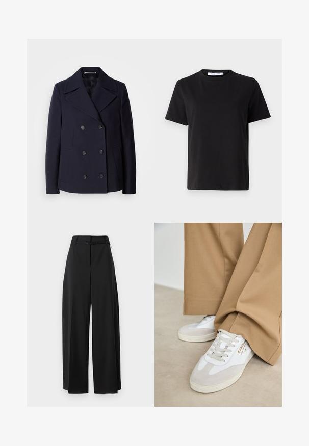 Cappotto da marinaio in lana blu navy con design doppiopetto, ampie rever, bottoni neri e tasche laterali. Tessuto liscio e vestibilità sartoriale.; T-shirt nero a maniche corte realizzato in morbido cotone, con scollatura rotonda, vestibilità rilassata e una superficie liscia. Nessun motivo o grafica visibile.; Pantaloni larghi neri con vita alta e cintura. Presentano una texture liscia e linee pulite, progettati per un fit rilassato.; Sneakers bianchi con accenti in camoscio, lacci texturizzati e suola in gomma. Abbinati a pantaloni larghi color sabbia. Logo visibile sul lato.