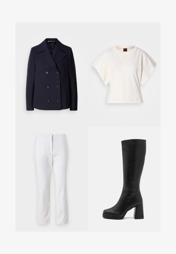Manteau en laine navy à col en double boutonnage, avec de grands revers, boutons noirs et poches latérales. Texture lisse et coupe ajustée.; T-shirt blanc cintré, manches courtes et larges, en coton doux, décolleté rond avec une discrète bordure orange, design minimaliste, sans motifs ni graphiques.; Pantalons en coton blancs avec une coupe droite, dotés d'une taille mi-haute et sans matériel ou motifs visibles. Texture lisse sur l'ensemble.; Anna Field Bottes à talons hauts - black