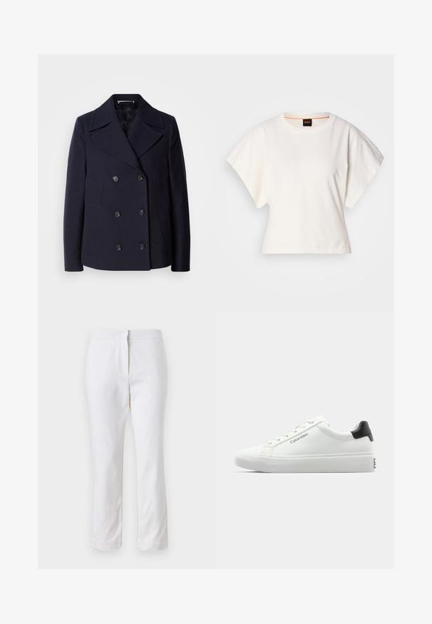 Abrigo de lana marino tipo pea coat con diseño de doble botonadura, grandes solapas muescas, botones negros y bolsillos laterales. Textura suave y corte ajustado.; Camiseta blanca recortada, con mangas cortas y anchas, material de algodón suave, cuello redondo con un sutil ribete naranja, diseño minimalista, sin patrones ni gráficos.; Pantalones de algodón blancos con un diseño de pierna recta, que cuentan con una cintura de media altura y sin herrajes o patrones visibles. Textura suave en todo su recorrido.; Sneaker blanca con un acabado suave, acento negro en el talón y diseño de cordones. Presenta la marca "Calvin Klein" en el lateral. Estilo minimalista.