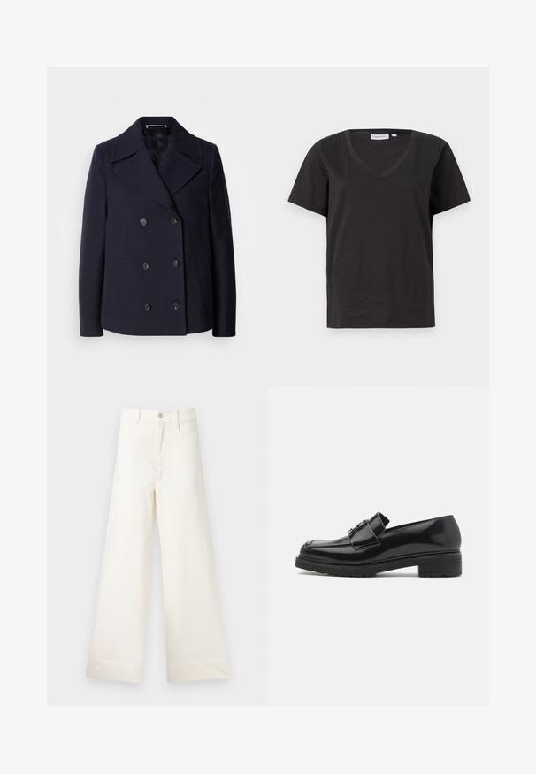 Mornarska vuna kaput s dvostrukim kopčanjem, velikim izrezanim reverima, crnim gumbima i bočnim džepovima. Glatka tekstura i kroj prilagođen tijelu.; Crni pamučni T-shirt s V-izrezom i kratkim rukavima. Jednostavan dizajn s regularnom krojem i bez uzoraka ili akcenta.; Hlače širokih nogavica u svijetloj bež pamučnoj tkanini. Imaju visoki struk, prednje džepove i ravni kroj. Čista obruba bez uzoraka.; Crni lakirani kožni loafer s niskom blok petom, šivenim vrhom i metalnom kopčom na gornjem dijelu, prikazan u bočnom profilu na bijeloj pozadini.