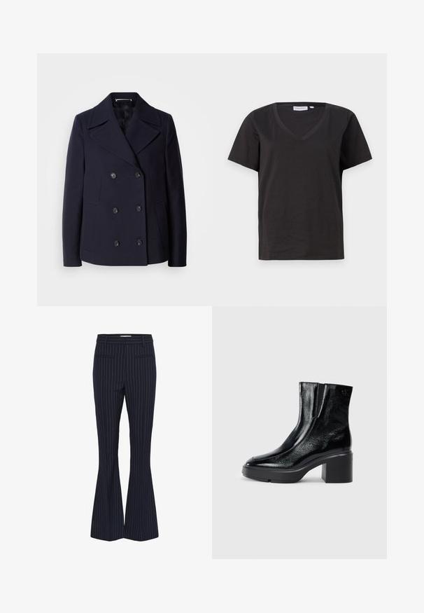 Merivärinen villapeacoat, jossa on kaksirivinappi-malli, suuret lovikilvet, mustat nappit ja sivutaskut. Silkkinen pinta ja räätälöity istuvuus.; Musta puuvillainen T-paita, jossa on V-kaula-aukko ja lyhyet hihat. Yksinkertainen muotoilu, säännöllinen istuvuus ilman kuvioita tai koristeita.; Merino pukuhoitotakki sinivalkoraidallisilla lahkeilla, joissa on kaksi etutaskua, muotoiltu malli ja sileä, teksturoitu kangas. Korostettu kapeilla sinisillä raidoilla.; Musta patentoitu nahkasaappaat nilkkoihin, joissa on kaareva kärki, joustavat sivupaneelit ja paksu lohkoilut. Takana on kohokuvioitu logo.