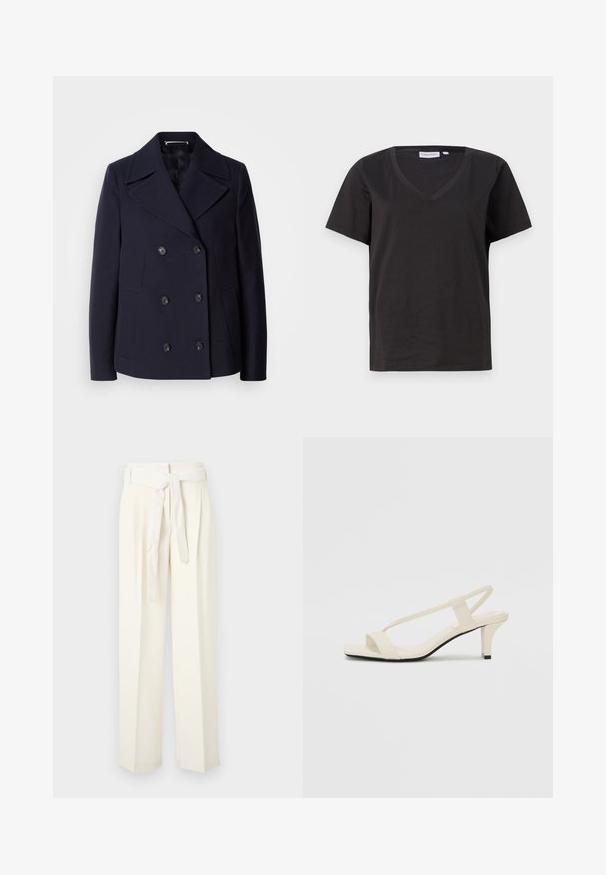 Tengerész navy gyapjú peacoat, dupla gombos kialakítással, nagy kivágott hajtókákkal, fekete gombokkal és oldalsó zsebekkel. Sima textúra és szabott illeszkedés.; Fekete pamut póló V-nyakkal és rövid ujjakkal. Egyszerű dizájn, normál fazon, minta vagy díszítés nélkül.; Krém színű, bőszárú nadrág övvel a derékon. Puha anyagból készült, redők találhatók rajta, sima textúrával és minták nélkül.; Beige színű, blokksarkú szandálok vékony pántokkal és négyzet alakú orral. Simább anyag, minimális részletezéssel, amely könnyű viselésre lett tervezve.