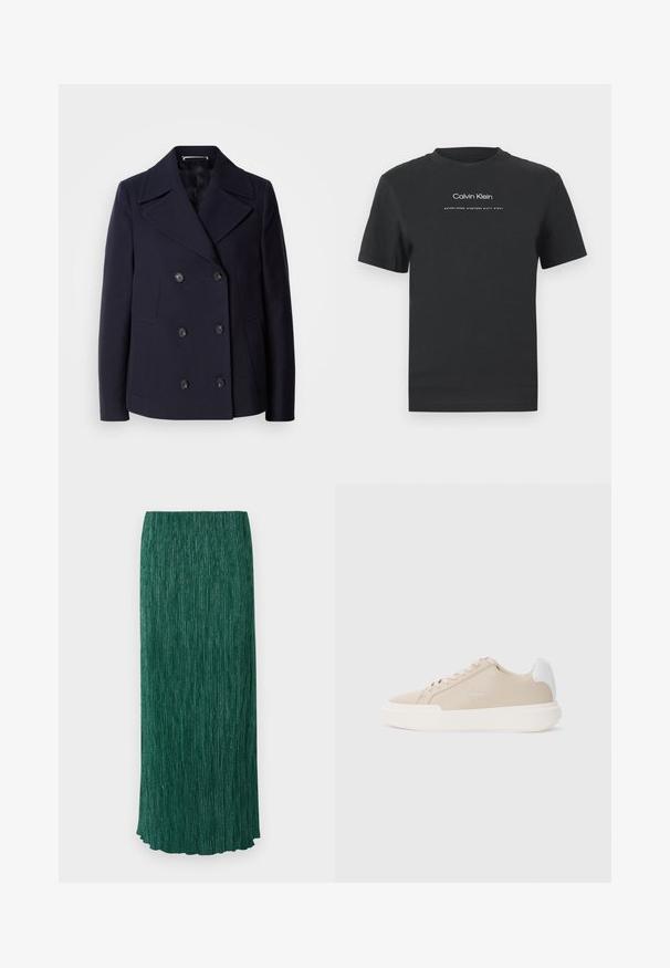 Manteau en laine navy à col en double boutonnage, avec de grands revers, boutons noirs et poches latérales. Texture lisse et coupe ajustée.; T-shirt en coton noir avec un col rond, des manches courtes, et un logo "Calvin Klein" imprimé en blanc ainsi que le texte "Established 1968".; Longue jupe verte avec une surface texturée comportant des plis verticaux et un léger brillant. Elle a une silhouette droite et un ourlet festonné.; Baskets en cuir beige avec un accent blanc à l'arrière, semelle blanche plate et coutures ton sur ton, avec un logo sur le côté.