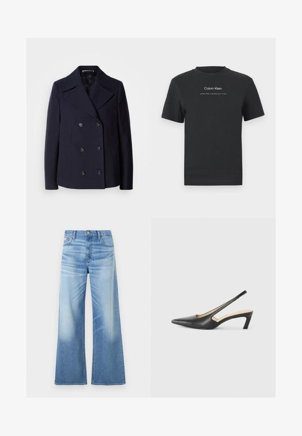 Mornarska volnena jakna z dvojnim zapenjanjem, velikimi izrezanimi reverji, črnimi gumbi in stranskimi žepi. Gladka tekstura in prilegajoč kroj.; Črna bombažna majica s krožnim izrezom, kratkimi rokavi in belim potiskanjem logotipa "Calvin Klein" ter besedilom "Ustanovljen 1968".; Calvin Klein Jeans LOW RISE BAGGY - Široke kavbojke - diamond cove; Črne čevlje s koničastimi nosovi in slingback obliko z nizko peto, izdelane iz gladke usnjene materiale ter s črtasto zasnovo na strani za prezračevanje.