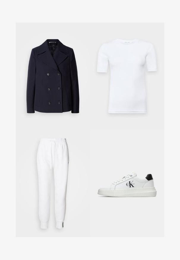 Navy wol pea coat met een dubbele rij knopen, grote gelapende revers, zwarte knopen en zijzakken. Gladde textuur en taillerende pasvorm.; Witte korte mouw t-shirt gemaakt van katoen. Heeft een ronde halslijn en een gladde textuur, met minimale stiksels zichtbaar aan de zoom.; Witte joggingbroek met een elastische tailleband en trekkoord, voorzien van zijzakken en geribbelde boorden. Zacht materiaal met geborduurde logodetails.; Witte lage sneaker met zwarte hiel tab, plateauzool, veters en Calvin Klein "CK" logo aan de zijkant.