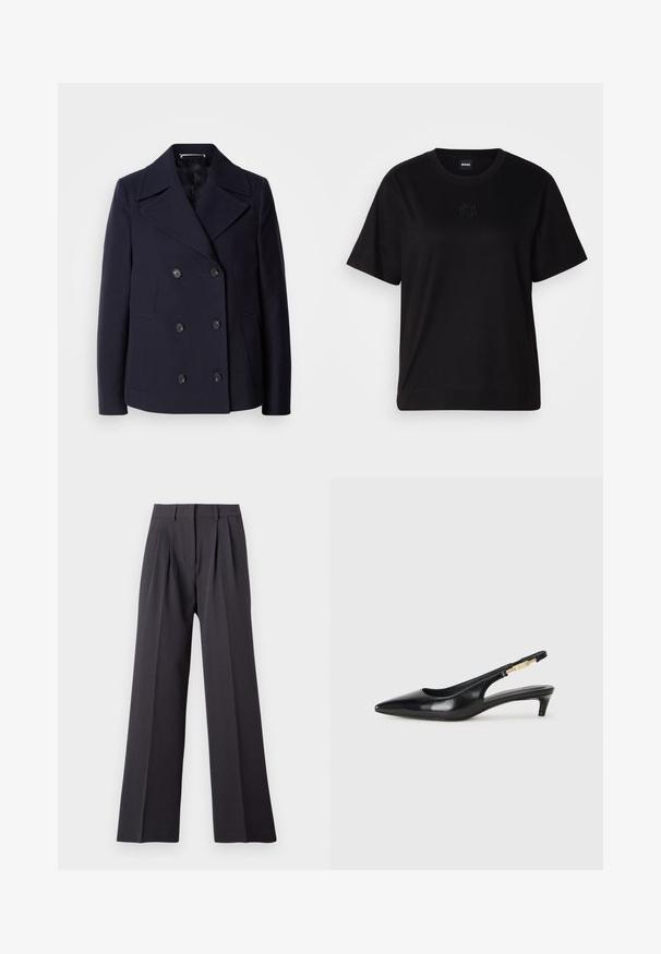 Cappotto da marinaio in lana blu navy con design doppiopetto, ampie rever, bottoni neri e tasche laterali. Tessuto liscio e vestibilità sartoriale.; Maglietta in cotone nera con scollatura tonda, maniche corte e logo ricamato sul petto. Design semplice e vestibilità rilassata senza motivi.; Pantaloni a gamba larga in tessuto grigio scuro. Presentano pince in vita, una vita aderente e una superficie morbida. Nessun motivo visibile o accessori.; Tacchi slingback in pelle nera con punta affusolata, caratterizzati da un tacco alto e un accento dorato sulla cinghia regolabile. Texture liscia.