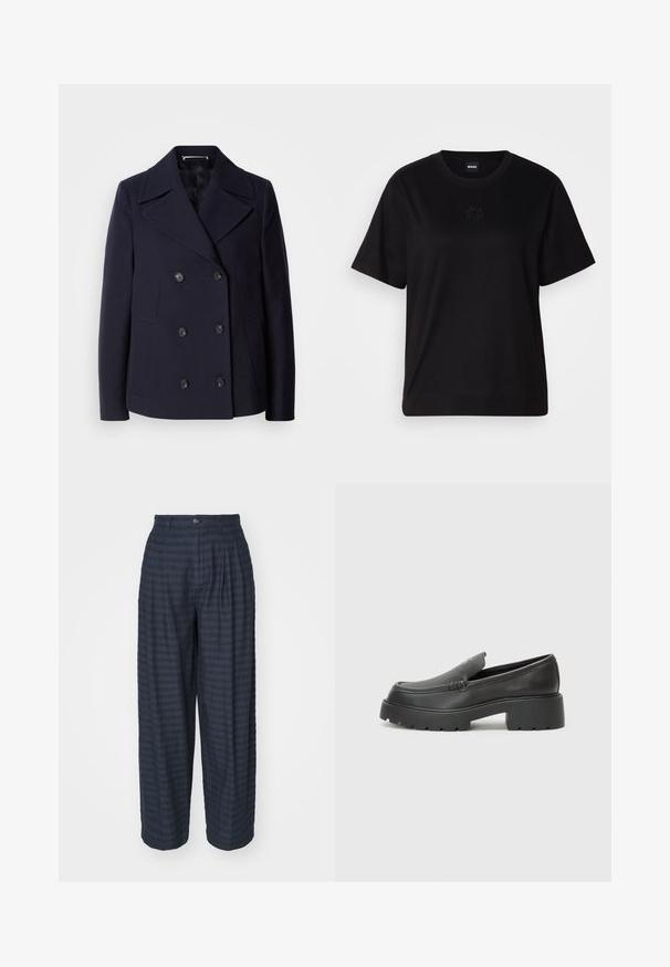 Granatowy wełniany płaszcz typu pea coat z podwójnym zapięciem, dużymi klapami, czarnymi guzikami oraz kieszeniami po bokach. Gładka tekstura i dopasowany krój.; Czarny bawełniany t-shirt z okrągłym dekoltem, krótkimi rękawami i haftowanym logo na piersi. Prosty, luźny krój bez wzorów.; Mads Nørgaard PARIA granatowy; Czarne skórzane mokasyny z zaokrąglonym noskiem, grubą fakturowaną podeszwą oraz minimalnymi detalami szycia. Elegancki design bez widocznych sznurowadeł czy elementów metalowych.