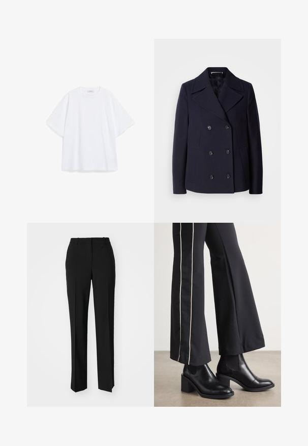 Navy wool pea coat with a double-breasted design, large notched lapels, black buttons, and side pockets. Smooth texture and tailored fit.; White cotton T-shirt with short sleeves, a round neck, and a relaxed fit. Smooth texture with no visible patterns or accents.; Black tailored trousers with a straight-leg design, featuring a smooth texture and crisp creases along the front. No visible hardware.; Black leather ankle boots with a block heel, featuring elastic side panels. Paired with black pants that have a white side stripe.