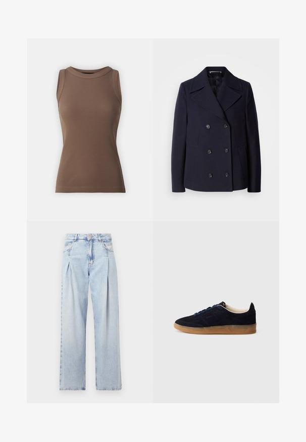 Palton din lână bleumarin, cu design cu două rânduri de nasturi, clape mari la guler, nasturi negri și buzunare laterale. Textură netedă și croială ajustată.; DRYKORN OLINA - Top - brown; Jeans din denim albastru deschis cu talie înaltă, croială evazată, două buzunare laterale și un design pliat. Textură moale cu un finisaj decolorat.; Pantof sport din piele întoarsă bleumarin cu talpă din cauciuc gumă, șireturi albastre și design minimalist. Prezintă un logo în relief pe lateral și o căptușeală interioară netedă.