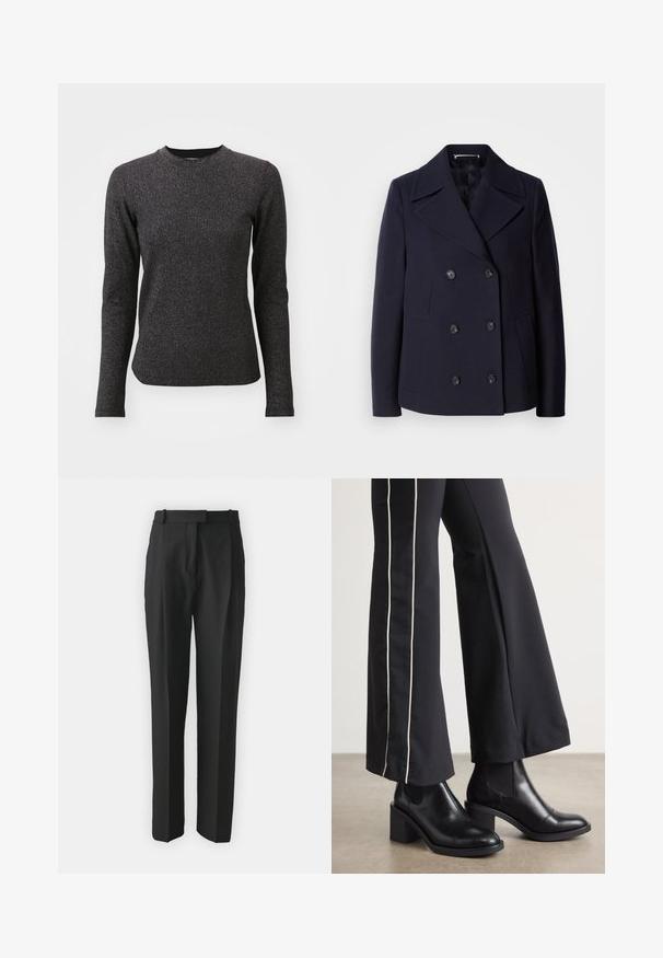 Navy wool pea coat with a double-breasted design, large notched lapels, black buttons, and side pockets. Smooth texture and tailored fit.; Black long-sleeve shirt with a round neckline, featuring a textured, sparkly fabric. The design is fitted with subtle reflective threads.; Black tailored trousers made from lightweight fabric, featuring a straight cut, flat front, and belt loops. Smooth texture with no visible patterns.; Black leather ankle boots with a block heel, featuring elastic side panels. Paired with black pants that have a white side stripe.