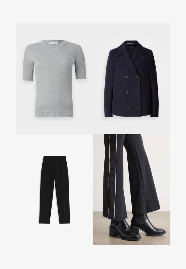 Marineblauer Woll-Peacoat mit einem doppelt geknöpften Design, großen Reverskragen, schwarzen Knöpfen und seitlichen Taschen. GlatteTextur und taillierte Passform.; Graues Kurzarmshirt aus geribbeltem Stoff. Hat einen runden Ausschnitt und ein tailliertes Design mit sauberen Kanten und minimalen Details.; Schwarze Hose mit geradem Schnitt, doppelten Falten, einer glatten Textur und einem klassischen Bunddesign. Keine sichtbaren Beschläge oder Akzente.; Schwarze Lederstiefeletten mit einem Blockabsatz, ausgestattet mit elastischen seitlichen Einsätzen. Kombiniert mit schwarzen Hosen, die einen weißen Seitenstreifen haben.