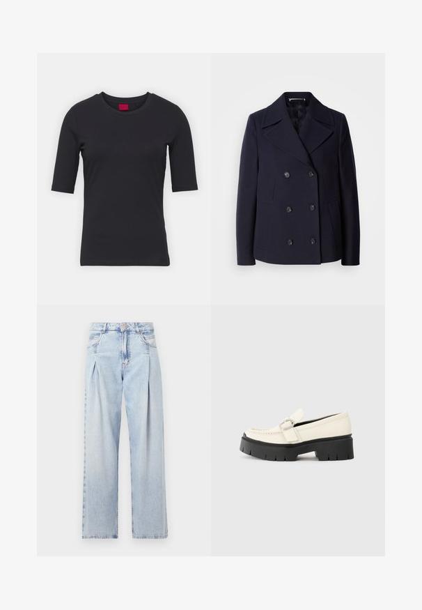 Marineblauer Woll-Peacoat mit einem doppelt geknöpften Design, großen Reverskragen, schwarzen Knöpfen und seitlichen Taschen. GlatteTextur und taillierte Passform.; Schwarzes Baumwoll-T-Shirt mit kurzen Ärmeln, Rundhalsausschnitt und minimalistischen Design. Besitzt ein rotes Markenetikett am Halsausschnitt.; Helle blaue Denim-Jeans mit hoher Taille, weitem Beinschnitt, zwei seitlichen Taschen und gefaltetem Design. Weiche Textur mit einem ausgebleichten Finish.; Weißer Lederloafer mit einer klobigen schwarzen Plateausohle, ausgestattet mit einer rechteckigen silbernen Schnalle und sichtbaren Nähten im Obermaterial.