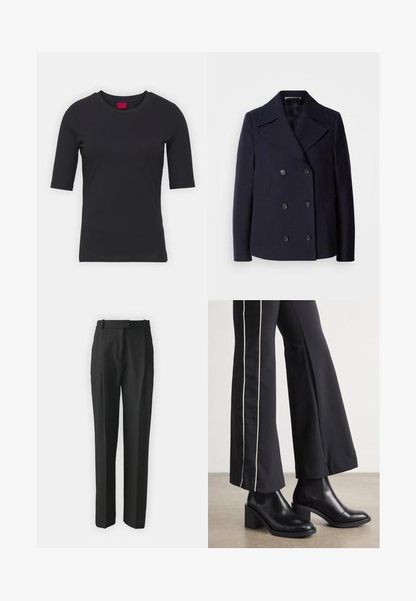 Navy wol pea coat met een dubbele rij knopen, grote gelapende revers, zwarte knopen en zijzakken. Gladde textuur en taillerende pasvorm.; Zwarte katoenen T-shirt met korte mouwen, ronde hals en een minimalistisch ontwerp. Bevat een rood merkembleem bij de halslijn.; Zwarte op maat gemaakte broek gemaakt van lichtgewicht stof, met een rechte snit, platte voorkant en riemlussen. Glad textuur zonder zichtbare patronen.; Zwarte leren enkellaarzen met een blokhak, voorzien van elastische zijpanelen. Gecombineerd met zwarte broeken met een witte zijstreep.