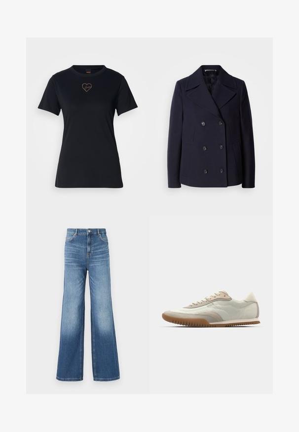 Navy wool pea coat with a double-breasted design, large notched lapels, black buttons, and side pockets. Smooth texture and tailored fit.; Black cotton t-shirt with a crew neck, short sleeves, and a heart-shaped logo embroidered in rose gold on the chest.; Light blue denim wide-leg jeans with a high waistband, featuring five pockets, belt loops, and a subtle fade effect towards the hem.; White and beige sneaker featuring a smooth upper with suede accents, a textured sole, and tonal stitching. Lace-up closure with logo detail.