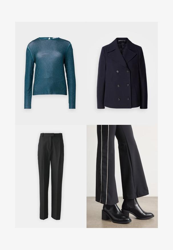 Casaco de lã azul-marinho estilo "pea coat" com design de duplo peito, grandes lapelas recortadas, botões pretos e bolsos laterais. Textura suave e corte ajustado.; Top de manga longa turquoise feito de malha transparente com um padrão de grelha. Apresenta um decote redondo e um fecho nas costas, adornado com um brilho sutil.; Calças pretas de corte ajustado, feitas de um tecido leve, com corte reto, frente lisa e passantes para cinto. Textura suave sem padrões visíveis.; Botas de tornozelo em couro preto com um salto bloco, apresentando painéis laterais elásticos. Combinadas com calças pretas que têm uma faixa lateral branca.