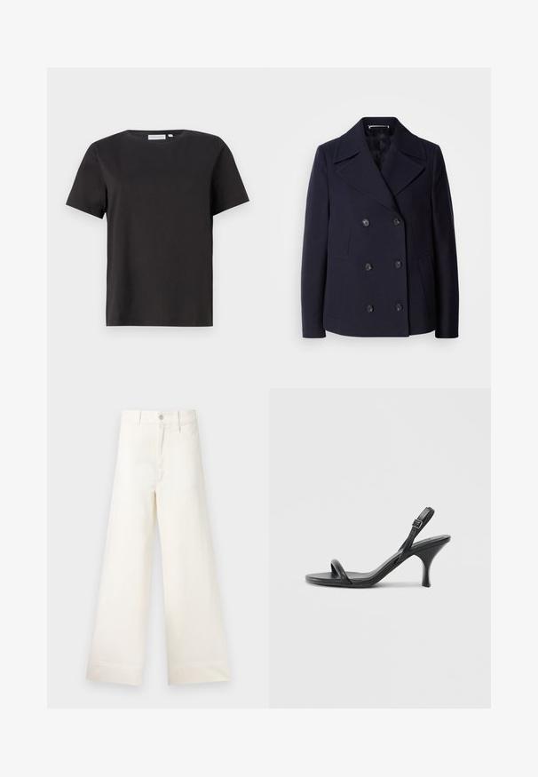 Merivärinen villapeacoat, jossa on kaksirivinappi-malli, suuret lovikilvet, mustat nappit ja sivutaskut. Silkkinen pinta ja räätälöity istuvuus.; Musta puuvillapaita lyhyillä hihoilla, pyöreällä kaula-aukolla ja yksinkertaisella, siistillä muotoilulla. Ei näkyviä kuvioita tai koristeluja.; Suorat lahkeet vaaleasta beige puuvillasta. Korkea vyötärö, etutaskut ja suora leikkaus. Siisti helman viimeistely ilman kuvioita.; Mustat nahkaiset korkokengät, joissa on hoikka, kaareva korko ja ristiin menevä hihnadesign. Säädettävä nilkkahihna. Silkkinen pinta.