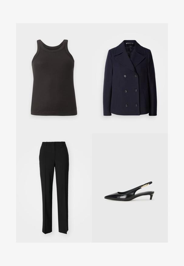 Jūrų laivyno vilnonis peacoat'as su dvigubos krūtinės dizainu, dideliais įpjovimais, juodomis sagomis ir šoninėmis kišenėmis. Lygus audinys ir pritaikytas siluetas.; Juodas raštuotas liemenukas su apvaliu iškirpimu ir plačiomis petnešomis. Pagamintas iš minkštos, tamprios medžiagos, turi liekną siluetą.; Juodi pritaikyti kelnių modeliai su tiesiomis kojomis, pasižyminčios lygiomis tekstūromis ir ryškiomis klostėmis priekyje. Nėra matomų detalių.; Juodas odinis pavasario batelių modelis su smailiu nosiu, turintis siaurą kulniuką ir auksinės spalvos akcentu reguliuojamoje juostoje. Lygi tekstūra.