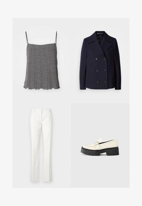 Námořnický vlněný kabát s dvojitým zapínáním, velkými klopami, černými knoflíky a bočními kapsami. Hladká textura a přiléhavý střih.; Černá a stříbrná pruhovaná tílko s tenkými nastavovacími ramínky, včetně měkké, strukturované látky a výstřihu s vlnitým okrajem.; Bílé kalhoty na míru s rozšířeným spodním lemem, se záhyby vpředu a hladkým povrchem, vyrobené z lehkého materiálu.; Bílé kožené mokasíny s robustní černou platformou, vybavené obdélníkovou stříbrnou sponou a viditelným švem na svršku.