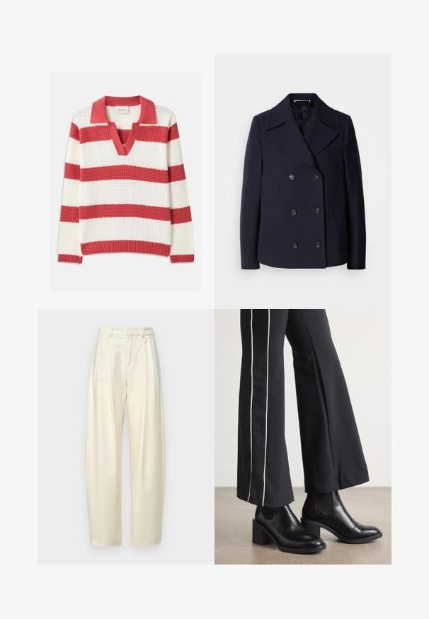 Palton din lână bleumarin, cu design cu două rânduri de nasturi, clape mari la guler, nasturi negri și buzunare laterale. Textură netedă și croială ajustată.; Pulover tricotat cu dungi roșii și albe, cu decolteu în V și guler. Material texturat, cu dungi orizontale largi și margini ribbate.; Pantaloni plisati, cu talie inalta, dintr-un material crem deschis. Prezintă o croială dreaptă și o textură netedă. Fără buzunare sau accesorii vizibile.; Bocanci de piele negri până la gleznă, cu toc pătrat, având panouri elastice pe laterale. Asortați cu pantaloni negri care au o dungi albă pe lateral.